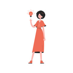 A woman stands in full growth who had an idea in the form of a light bulb.   Element for presentations, sites.