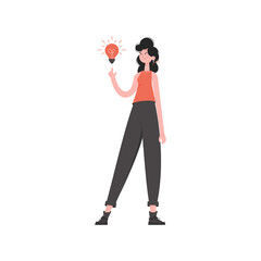 The girl stands in full growth with a light bulb.   Element for presentations, sites.