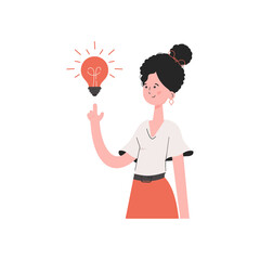 A woman stands waist-deep with a light bulb.   Element for presentations, sites.