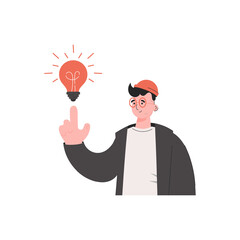 A young guy is waist-deep with a light bulb.   Element for presentations, sites.