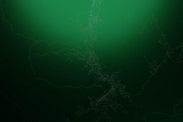 Street map of Thimphu (Bhutan) engraved on green metal background. Light is coming from top. 3d render, illustration