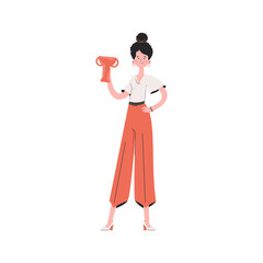 A woman stands in full growth and holds a goblet in her hands.   Element for presentations, sites.