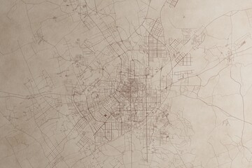 Map of Changchun (China) on an old vintage sheet of paper. Retro style grunge paper with light coming from right. 3d render