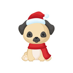 Cute little dog sitting in a Santa hat and red scarf. Cartoon animal character for kids t-shirts, nursery decoration, baby shower, greeting card, invitation. Isolated vector stock illustration