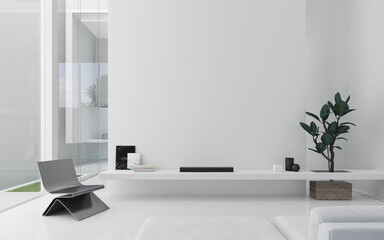Minimal interior living room.Black and white furniture in white room with plant.3d rendering