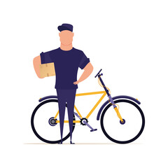 Naklejka premium Courier man stands near the bike and holds a box. Delivery concept. Isolated on a white background. .