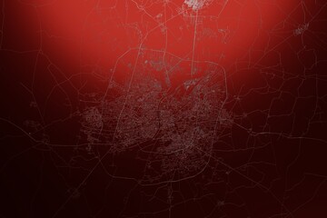 Street map of Ahmedabad (India) engraved on red metal background. Light is coming from top. 3d render, illustration