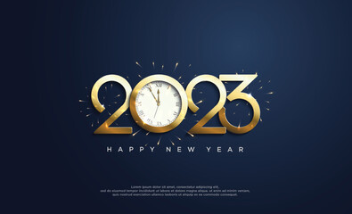 Luxury design happy new year 2023 with gold number on blue background