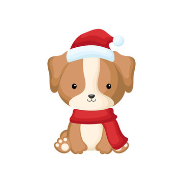 Cute little dog sitting in a Santa hat and red scarf. Cartoon animal character for kids t-shirts, nursery decoration, baby shower, greeting card, invitation. Isolated vector stock illustration