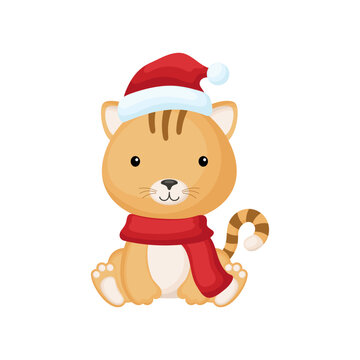 Cute little cat sitting in a Santa hat and red scarf. Cartoon animal character for kids t-shirts, nursery decoration, baby shower, greeting card, invitation. Isolated vector stock illustration