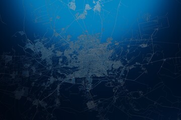 Street map of Isfahan (Iran) engraved on blue metal background. View with light coming from top. 3d render, illustration