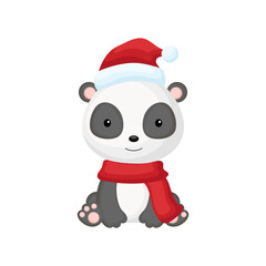 Cute little panda sitting in a Santa hat and red scarf. Cartoon animal character for kids t-shirts, nursery decoration, baby shower, greeting card, invitation. Isolated vector stock illustration