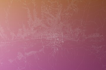Map of the streets of Ulanbaatar (Mongolia) made with white lines on pinkish red gradient background. Top view. 3d render, illustration