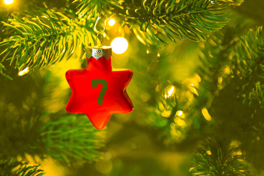 ein roter Stern mit einer Zahl (7) am Weihnachtsbaum, Weihnachtskalender