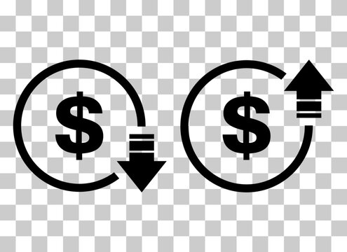 Set of cost symbol dollar increase and decrease icon. Money vector symbol isolated on background