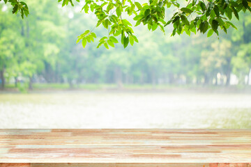 Abstract Natural wood table with Morning sun light with wind blowing leaves in the lake park. : Top view of plank wood for graphic stand product, interior design or montage display your product