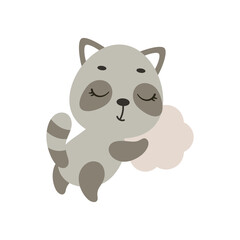 Cute little raccoon sleeping on cloud. Cartoon animal character for kids t-shirt, nursery decoration, baby shower, greeting cards, invitations, house interior. Vector stock illustration