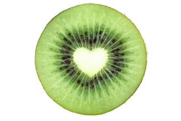 Sliced ripe kiwi fruit with a heart inside isolated on white background.