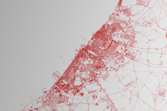 Map of the streets of Dubai (UAE) made with red lines on white paper. 3d render, illustration