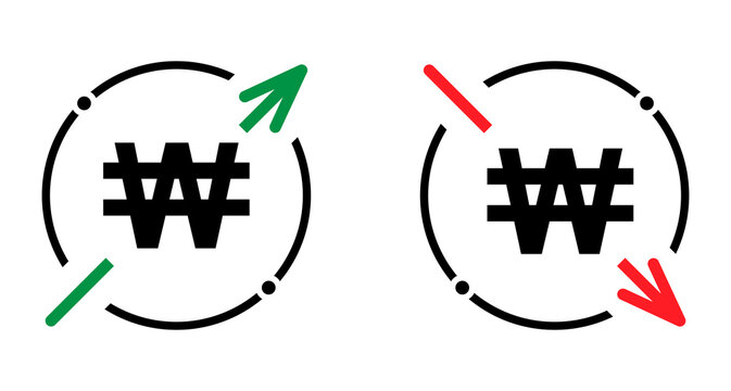 Set of cost symbol won increase and decrease icon. Money vector symbol isolated on background