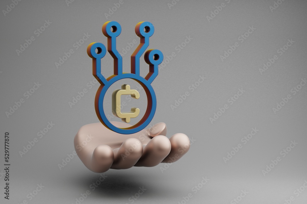 Poster beautiful abstract illustrations golden hand holding blockchain token symbol icon on a gray backgrou