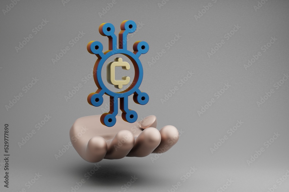 Fototapete Beautiful abstract illustrations Golden Hand Holding Blockchain Token symbol icon on a gray background. 3d rendering illustration. Background pattern for design.