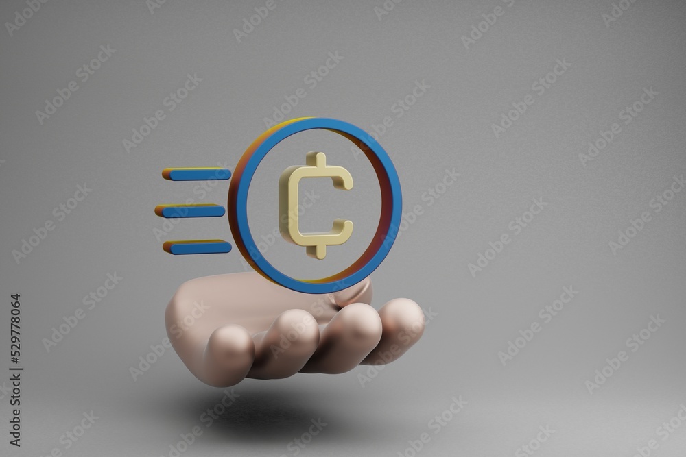 Fototapete beautiful abstract illustrations golden hand holding coin token symbol icon on a gray background. 3d