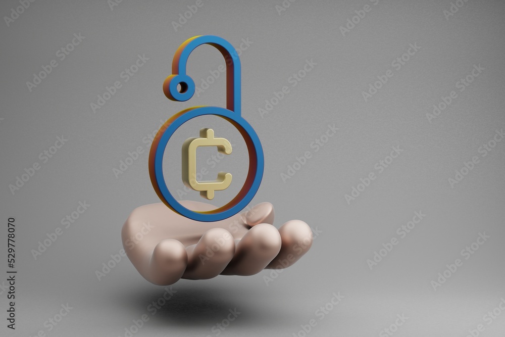 Poster beautiful abstract illustrations golden hand holding cryptocurrency coin security symbol icon on a g