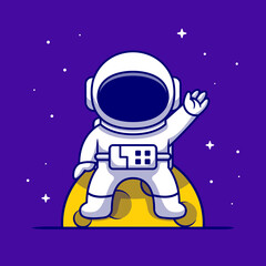 Cute Astronaut Sitting On Moon And Waving Hand Cartoon 
Vector Icon Illustration. Science Technology Icon Concept 
Isolated Premium Vector. Flat Cartoon Style