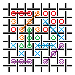 Colorful pixel players fully engaged in the Tic-Tac-Toe game on white background. Vector illustration.