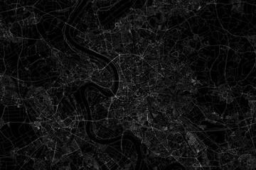 Stylized map of the streets of Dusseldorf (Germany) made with white lines on black background. Top view. 3d render, illustration
