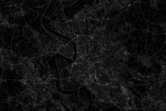 Stylized map of the streets of Dusseldorf (Germany) made with white lines on black background. Top view. 3d render, illustration
