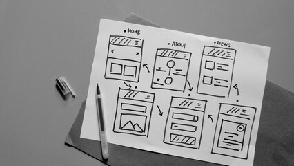 Draft sketch drawing template layout framework wireframe. User experience concept.