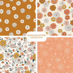 Retro groovy floral pattern set, collection of fun warm floral digital papers, repeating background. Cohesive collection of 4 seamless pattern prints