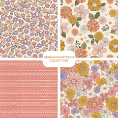 Retro groovy floral pattern set, collection of fun warm floral digital papers, repeating background. Cohesive collection of 4 seamless pattern prints