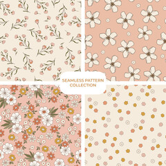 Fototapeta na wymiar Retro groovy floral pattern set, collection of fun warm floral digital papers, repeating background. Cohesive collection of 4 seamless pattern prints
