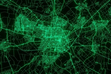Map of the streets of Tilburg (Netherlands) made with green illumination and glow effect. Top view on roads network. 3d render, illustration