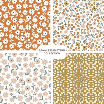 Set of vector floral hand drawn seamless patterns. Cohesive collection of repeating backgrounds, digital papers for fabric, textile, scrapbook, wallpaper design
