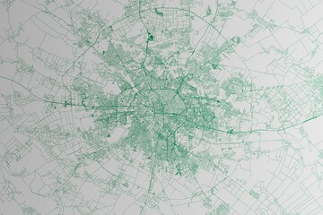 Map of the streets of Bucharest (Romania) made with green lines on white paper. 3d render, illustration