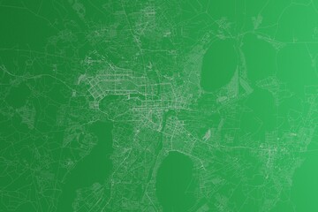 Map of the streets of Chelyabinsk (Russia) made with white lines on green paper. Rough background. 3d render, illustration