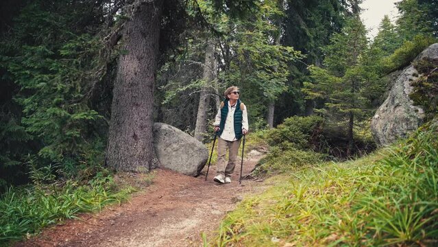 A senior caucasian woman backpacker with Nordic walking poles hiking in the woods along the path in the autumn.