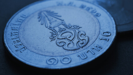 Translation: 10 baht Thailand. Thai coin wallpaper. Economy or finance. Loan and money. Savings and...