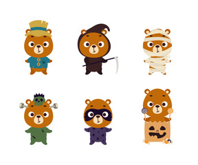 Cute Halloween bear set. Cartoon animal character collection for kids t-shirts, nursery decoration, baby shower, greeting card, invitation. Vector stock illustration