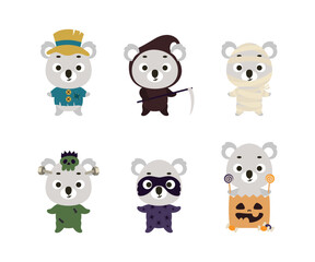 Cute Halloween koala set. Cartoon animal character collection for kids t-shirts, nursery decoration, baby shower, greeting card, invitation. Vector stock illustration