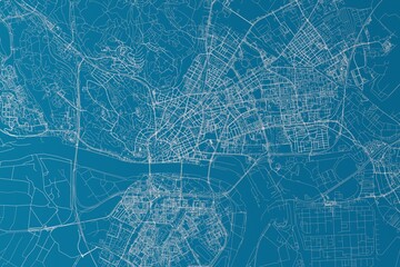 Map of the streets of Bratislava (Slovakia) made with white lines on blue background. 3d render, illustration