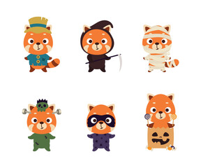 Obraz na płótnie Canvas Cute Halloween red panda set. Cartoon animal character collection for kids t-shirts, nursery decoration, baby shower, greeting card, invitation. Vector stock illustration