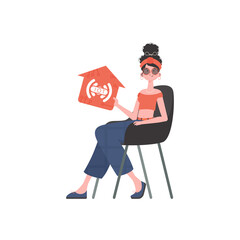 The girl sits in a chair and holds an icon of a house in her hands. IoT concept.     in trendy flat style.