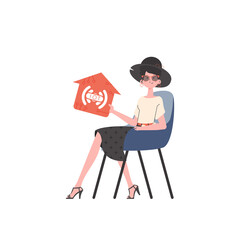 The girl sits in a chair and holds an icon of a house in her hands. IoT concept.     in flat style.