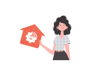 IoT concept. The girl is shown to the waist. A woman is holding a house icon in her hands.     in flat style.