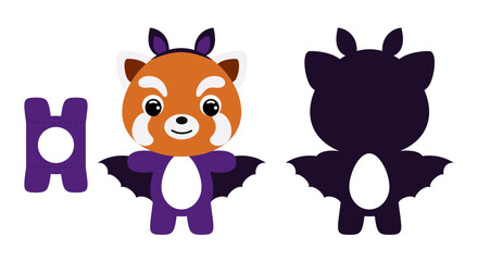 Cute die cut Halloween red panda chocolate egg holder template. Cartoon animal character in a bat costume. Retail paper box for the easter egg. Printable color scheme. Vector stock illustration